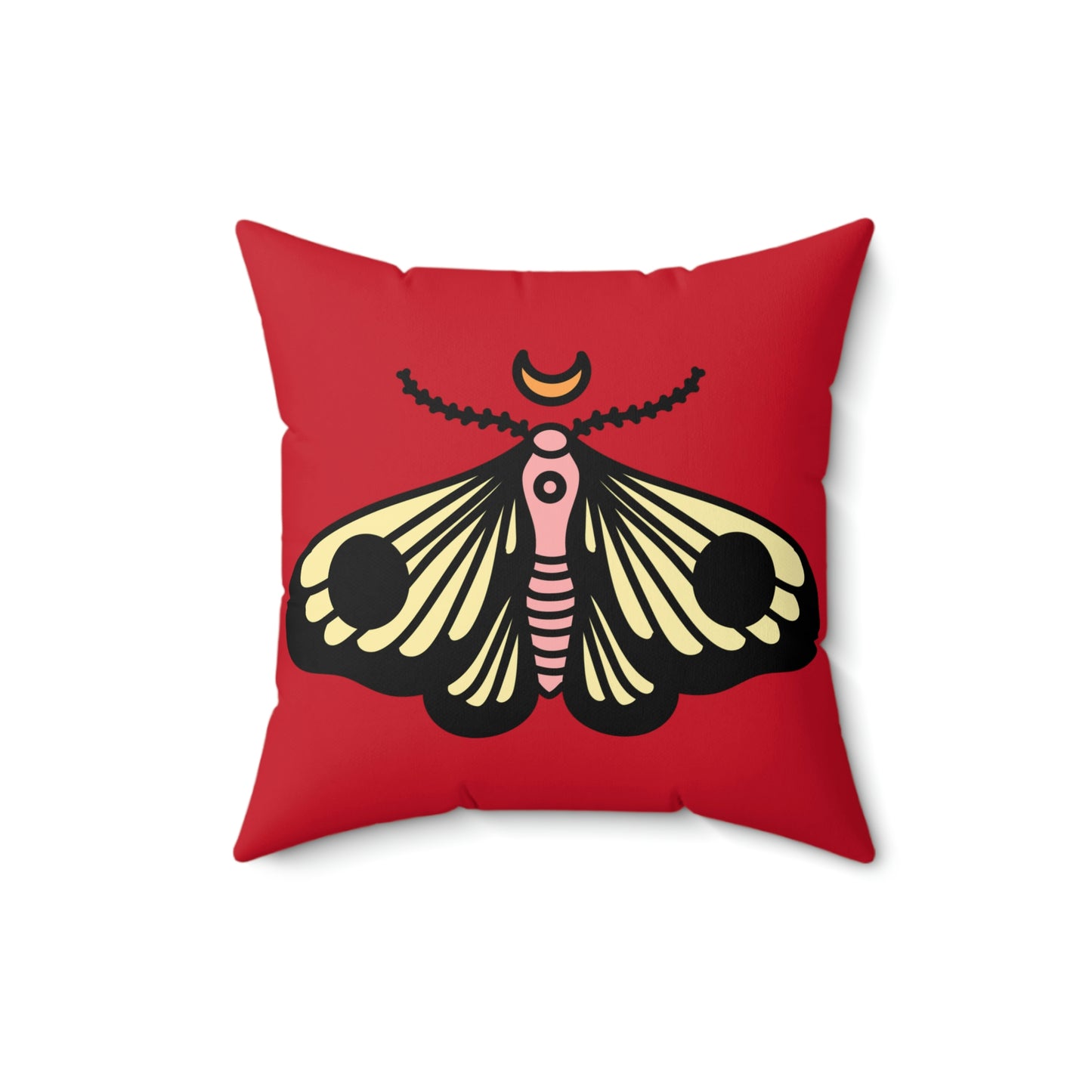 Spun Polyester Square Pillow Case “Moth Black on Dark Red”