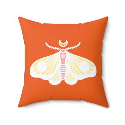 Spun Polyester Square Pillow Case “Moth White on Orange”