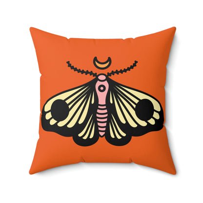 Spun Polyester Square Pillow Case “Moth Black on Orange”