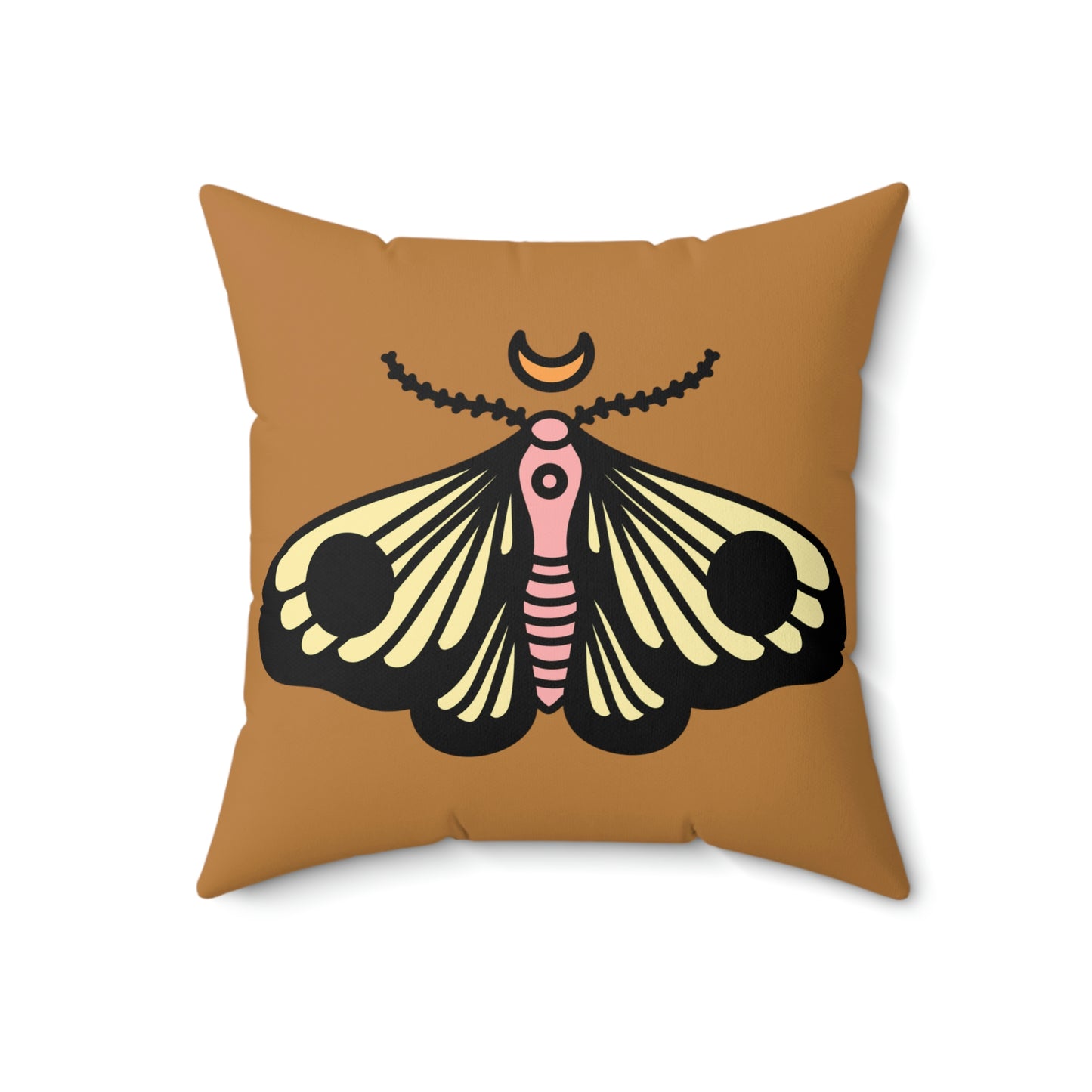 Spun Polyester Square Pillow Case “Moth Black on Light Brown”