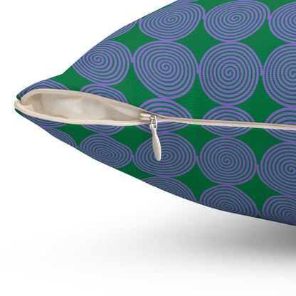Spun Polyester Square Pillow Case ”Purple Spiral on Dark Green”