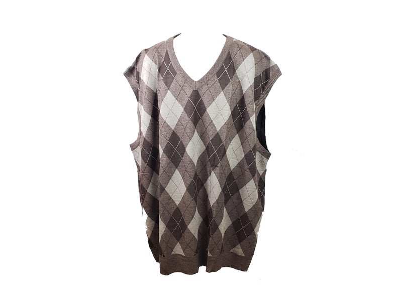 MashasCorner.com  St. Patrick Brand, Argyle design pattern on front, solid brown back.  Mens Big Sweater Vest with V-Neck Brown band around neck, armholes and waist.  Materials: 100% Polyester  Sizes: Multiple Big & Tall  Material: Polyester Designed in USA