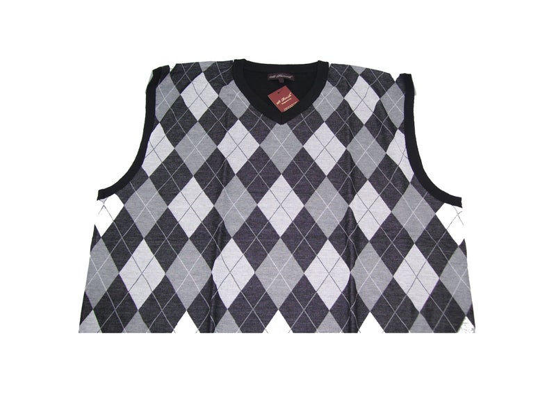 MashasCorner.com  St Patrick Brand, Argyle design pattern on front, solid black back.   Mens Big Sweater Vest with V-neck. Black band around neck, armholes and waist.  Materials: 100% Polyester  Sizes: Multiple Big & Tall