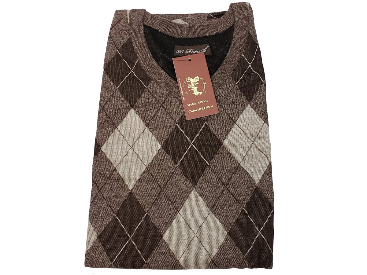 MashasCorner.com  St. Patrick Brand, Argyle design pattern on front, solid brown back.  Mens Big Sweater Vest with V-Neck Brown band around neck, armholes and waist.  Materials: 100% Polyester  Sizes: Multiple Big & Tall  Material: Polyester Designed in USA