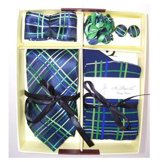 This is a Matching Men's Necktie, Socks, Flower, Hanky & Cuff Links Combination Box Set - GTS 25-2  Includes:  Neck Tie Hanky or Handkerchief (square) Socks - 75% Cotton 20% Nylon and 5% Elastic Boutonniere or French for Buttonhole Flower Cuff Links for French cut Shirts Easy Care Microfiber 5 Piece Box Gift Set  Color: Peach background with Blue, Orange & Yellow Crosshatch  Pattern: Plaid or Crosshatch