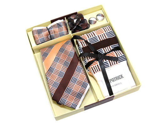 MashasCorner.com  St. Patrick - Brown Orange Tie Sock Flower Hanky Cuff Link Set - GTS 22-1