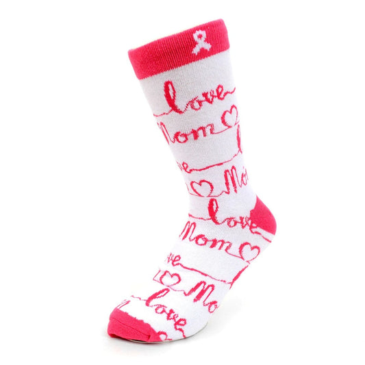 MashasCorner.com   Women's Love Mom Pink Ribbon Novelty Socks - MC-LNVS19344-WH