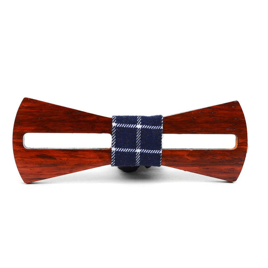 MashasCorner.com  Men's Wooden Bow Tie, Brown Plaid Fabric Centerpiece with Elastic Adjustable Strap - MCWBT1713